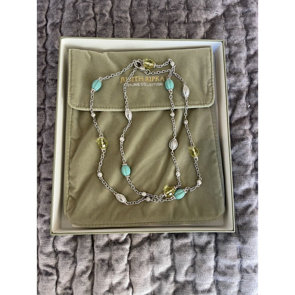 Judith Ripka 925 Sterling Silver , Turquoise & Lemon Quartz Station Necklace 36"